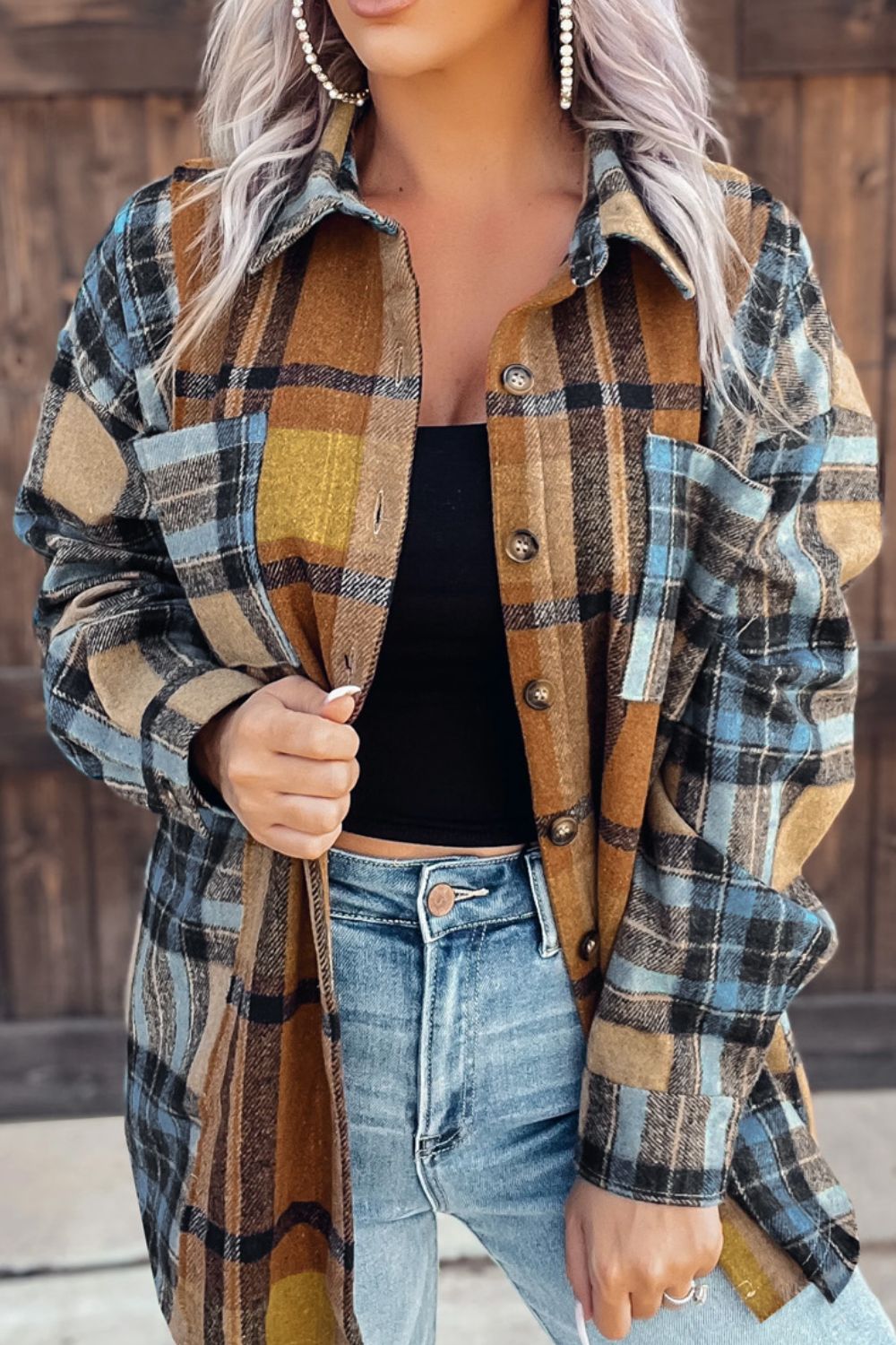 Plaid Collared Neck Long Sleeve Shirt