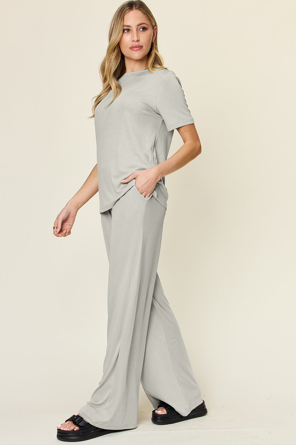 *Double Take* Round Neck Short Sleeve T-Shirt and Wide Leg Pants Set