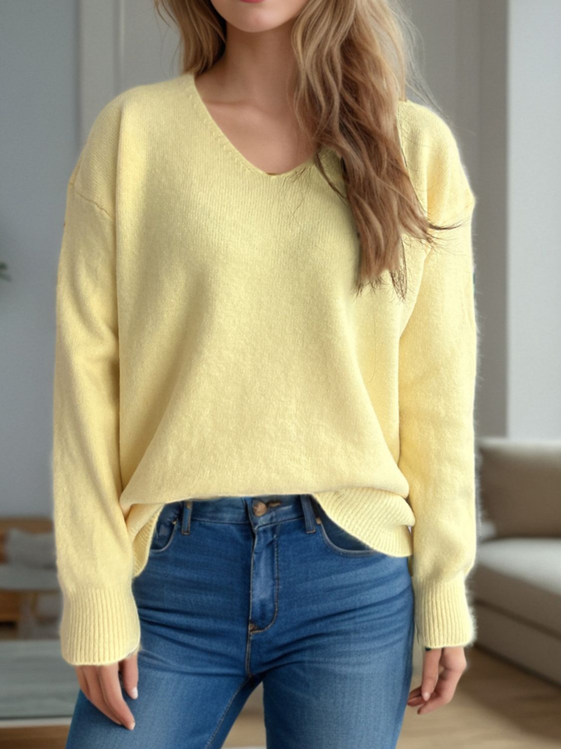 V-Neck Dropped Shoulder Long Sleeve Sweater