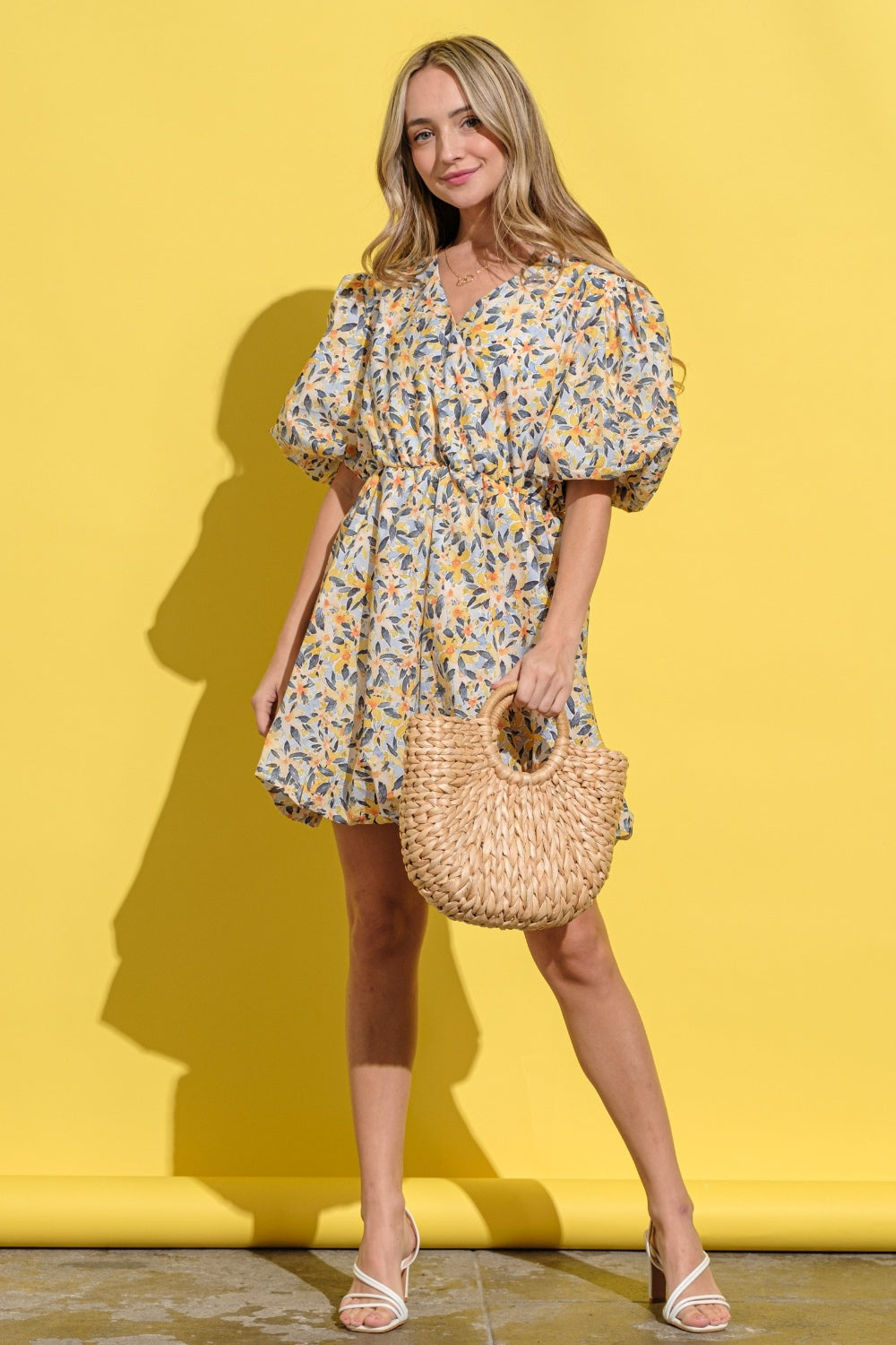 And The Why Floral Surplice Puff Sleeve Dress, Yellow