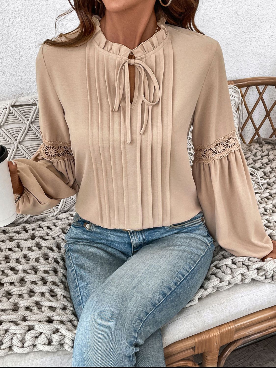 Perfee Frill Tie Neck Long Sleeve Blouse