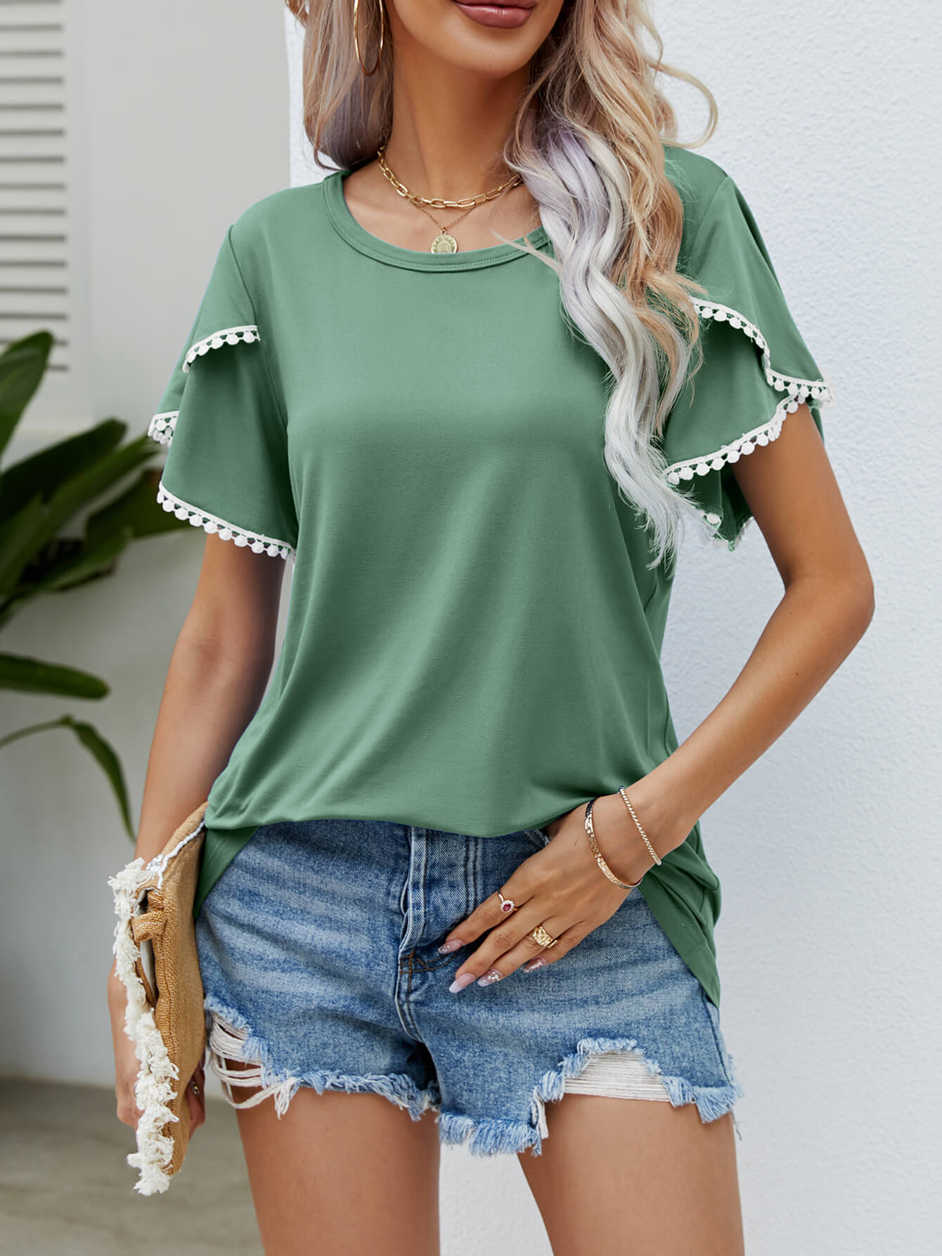 Pom-Pom Trim Flutter Sleeve Tee