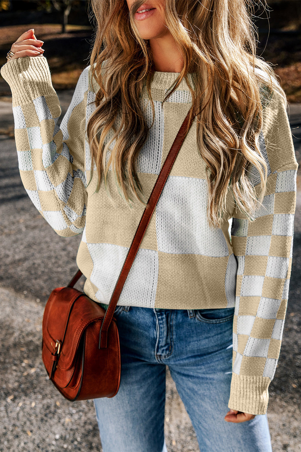 Checkered Round Neck Drop Shoulder Sweater