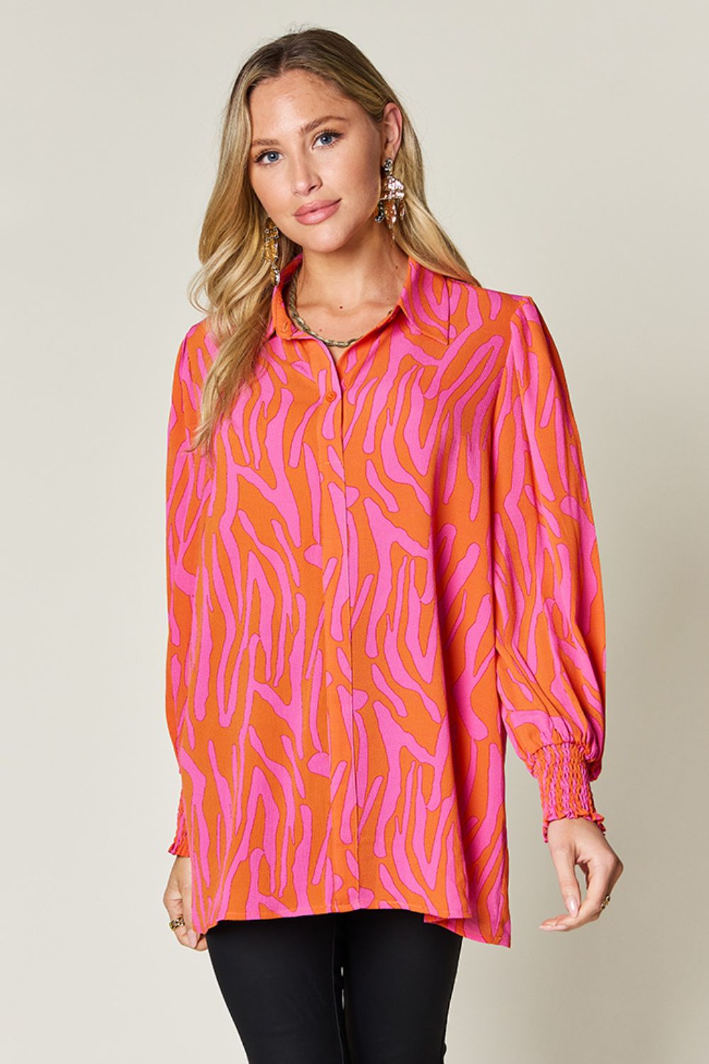 *Double Take* Printed Smocked Long Sleeve Blouse