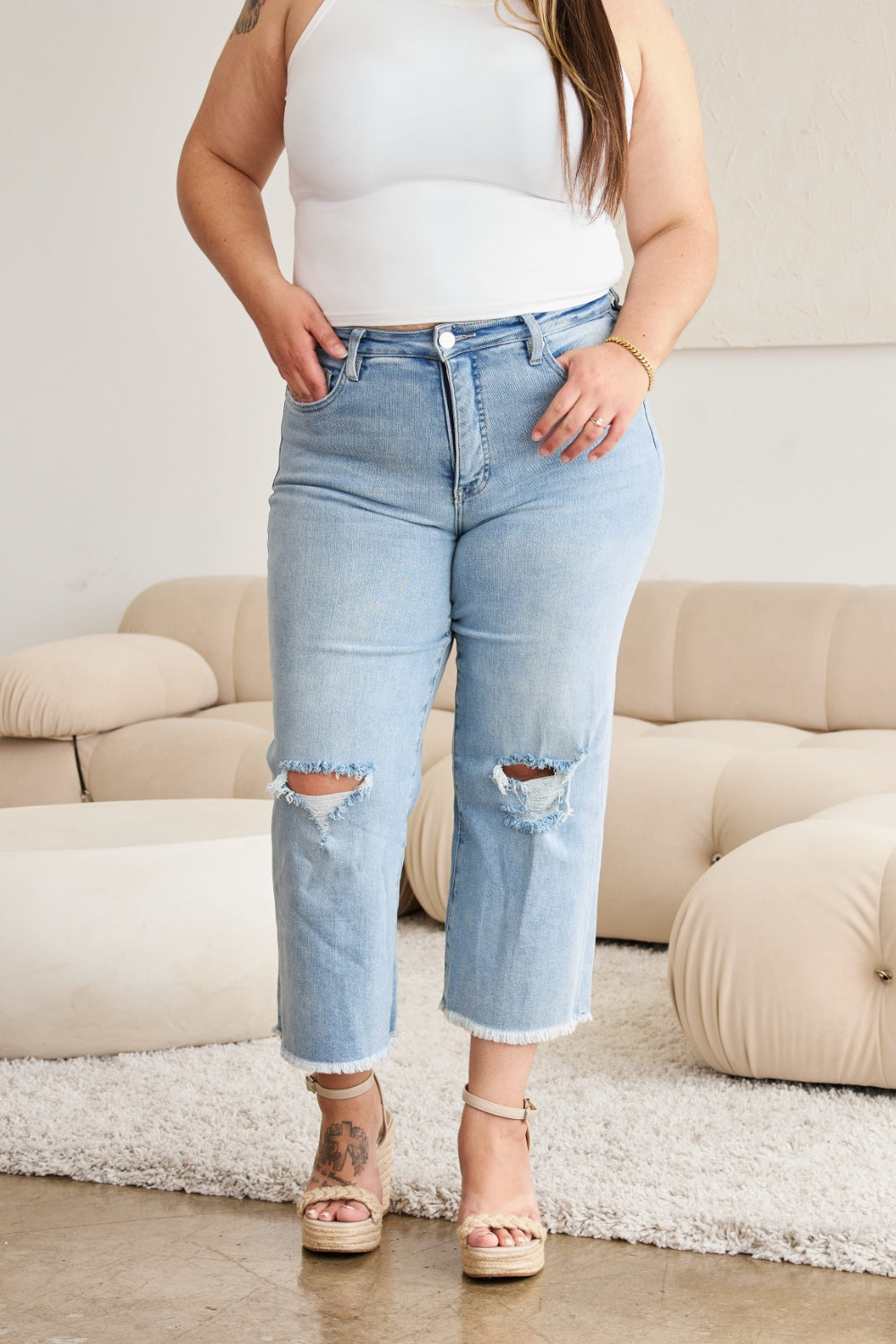 *RFM* Tummy Control High Waist Raw Hem Distressed Jeans