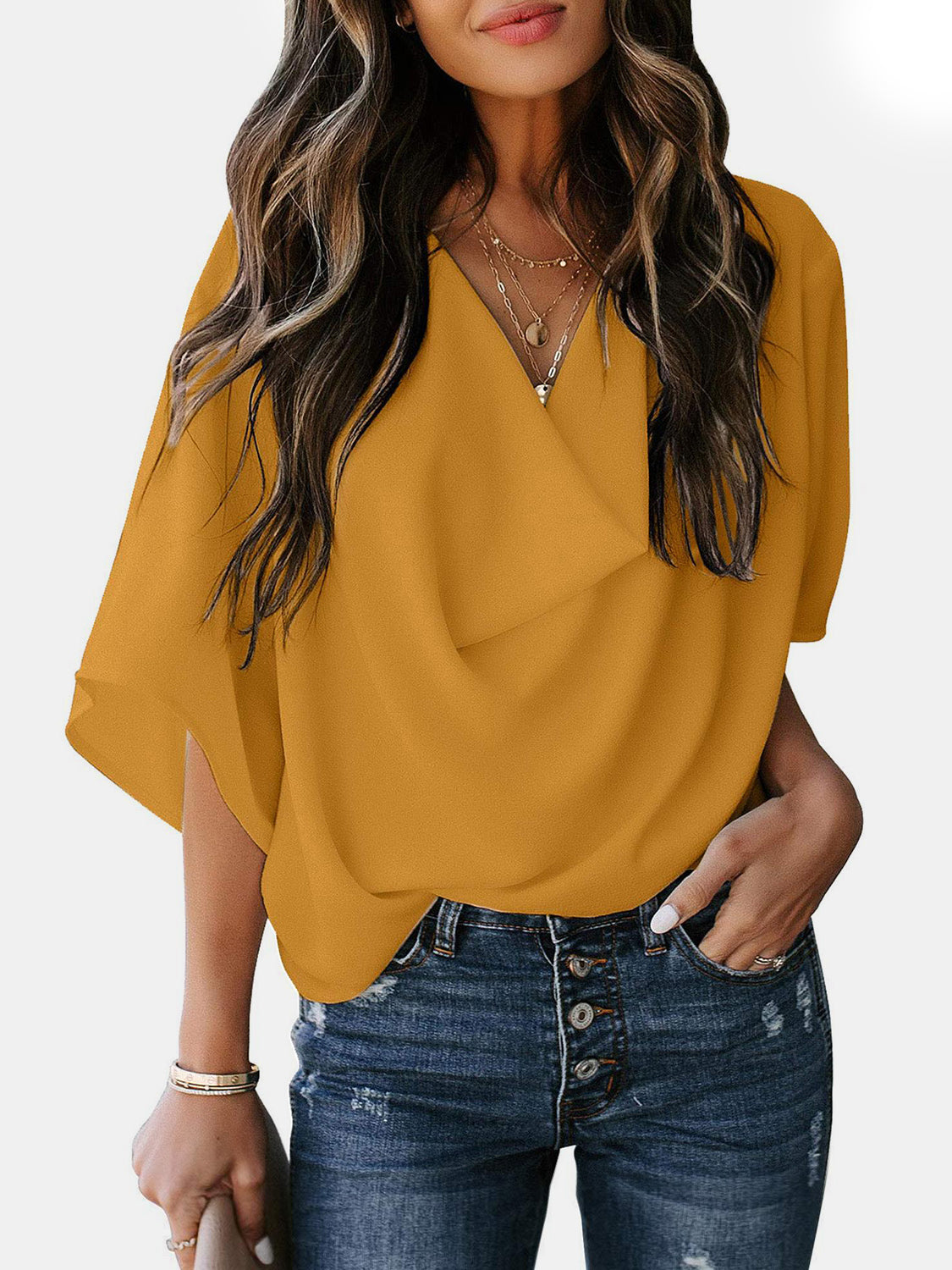 Cowl Neck Three-Quarter Sleeve Blouse