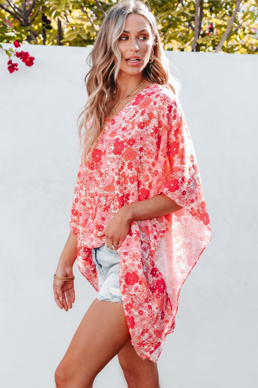 Floral V-Neck Butterfly Sleeve Blouse