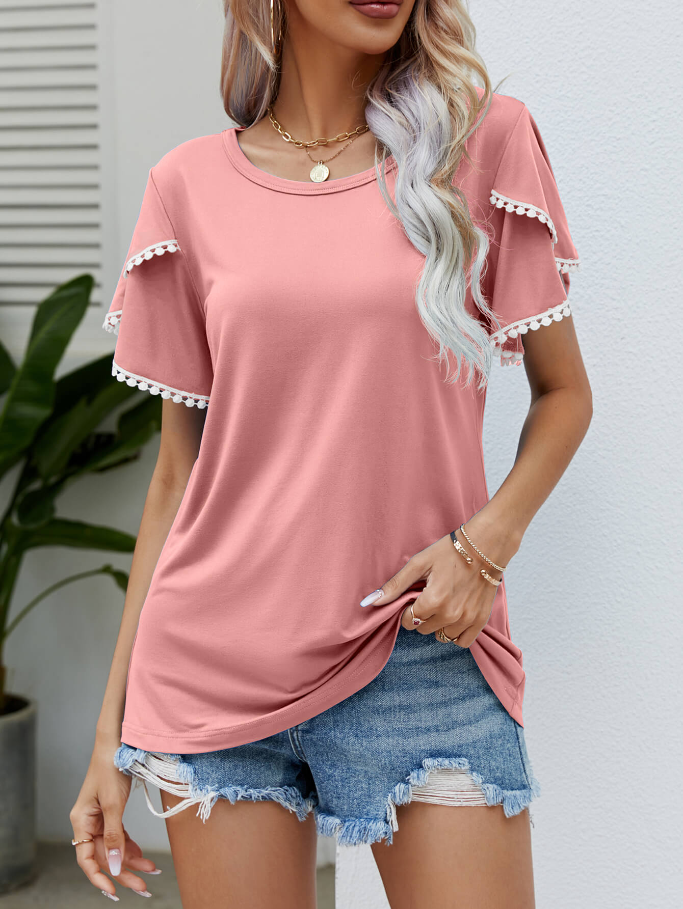 Pom-Pom Trim Flutter Sleeve Tee