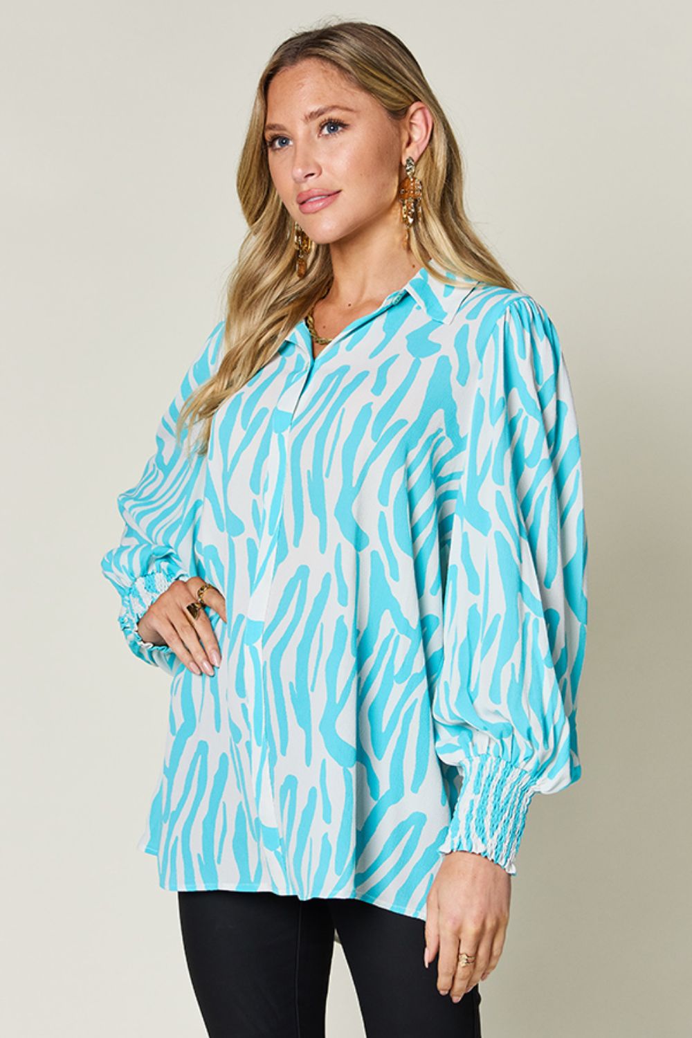 *Double Take* Printed Smocked Long Sleeve Blouse