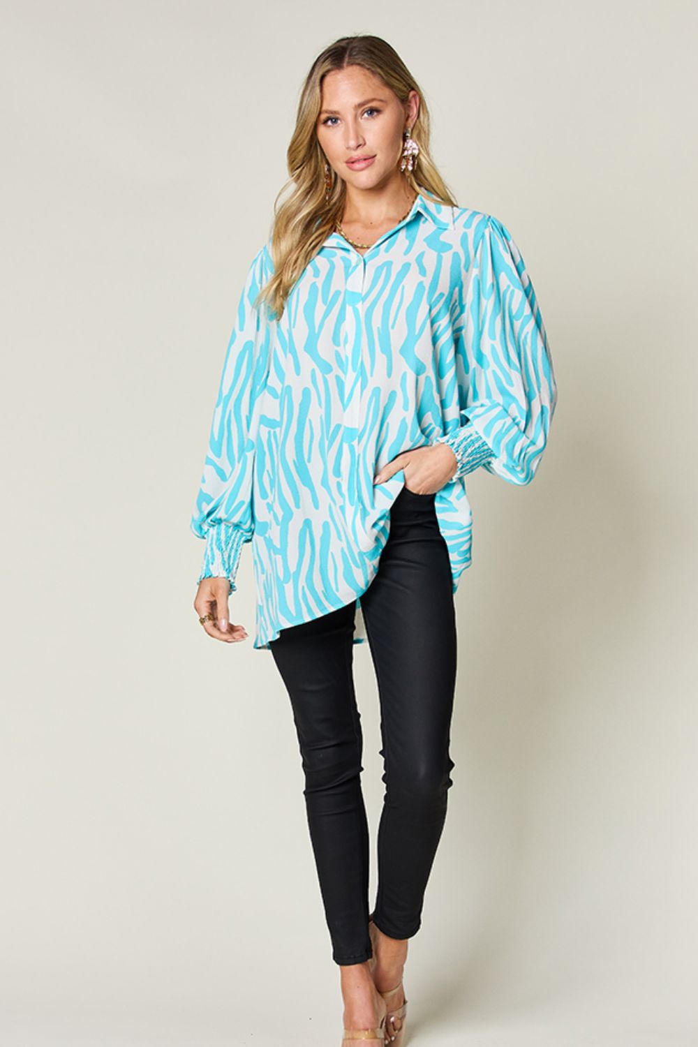 *Double Take* Printed Smocked Long Sleeve Blouse