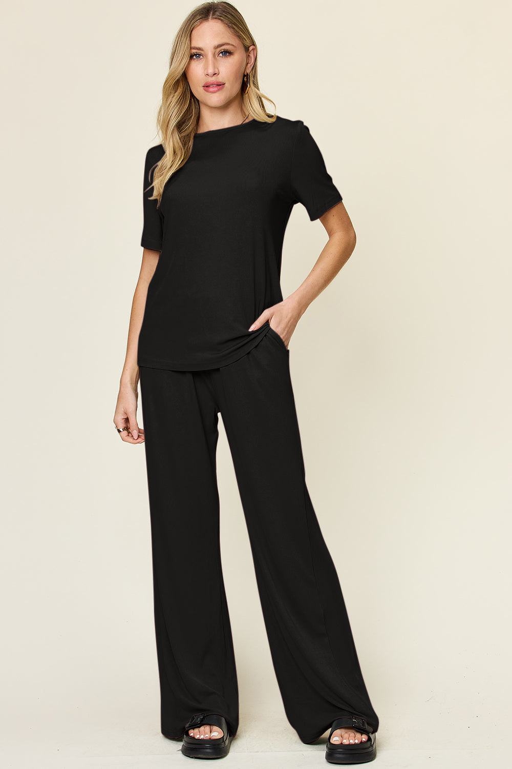 *Double Take* Round Neck Short Sleeve T-Shirt and Wide Leg Pants Set