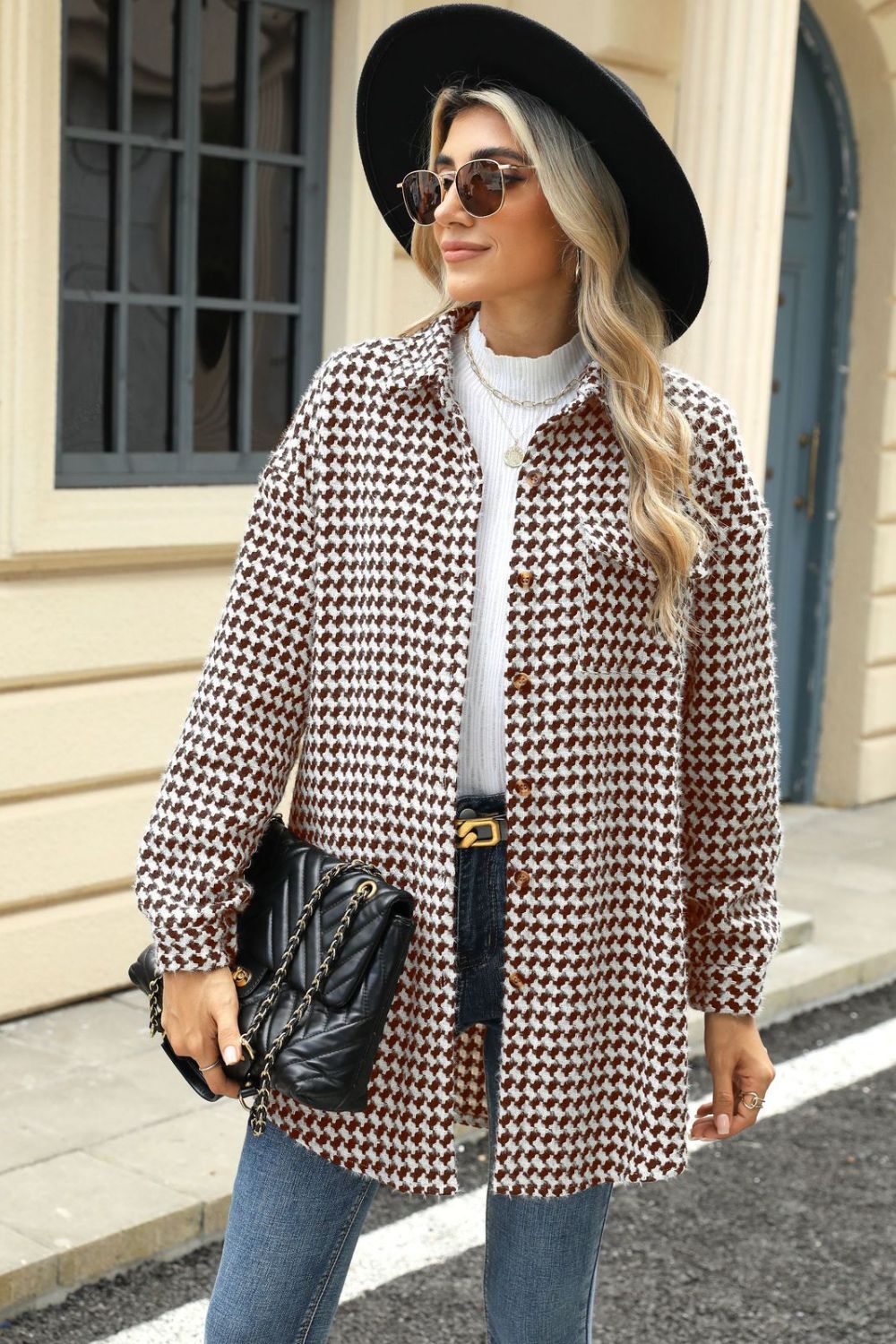 Houndstooth Button Up Dropped Shoulder Coat