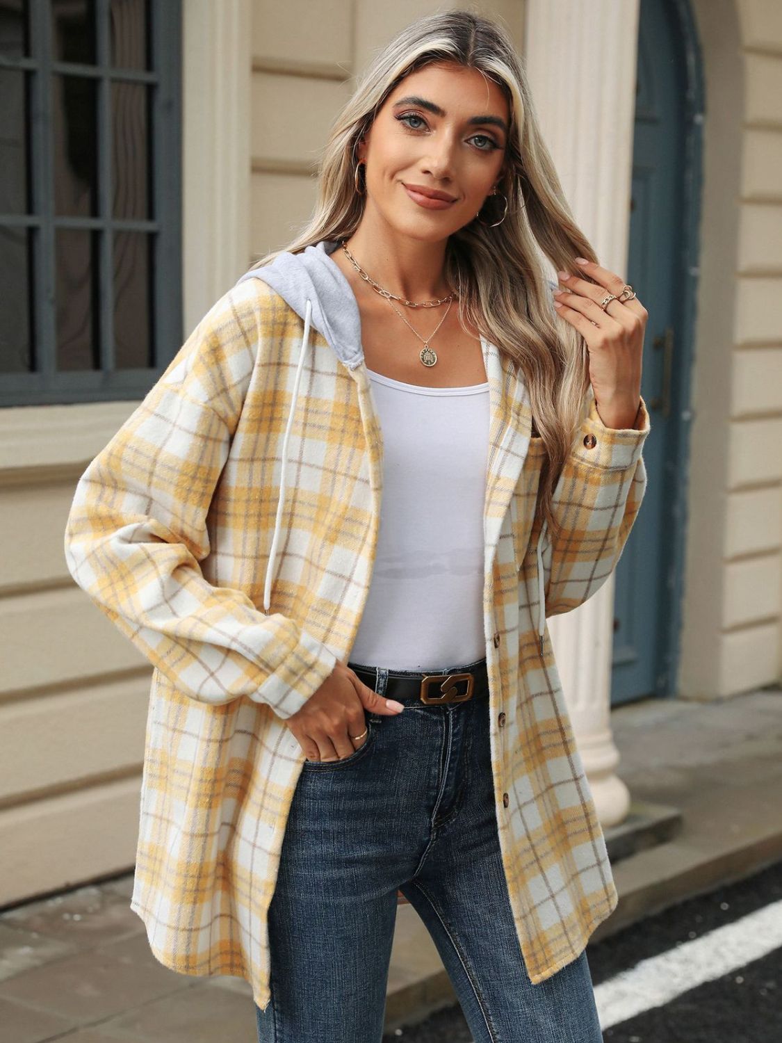 Drawstring Plaid Button Up Hooded Jacket