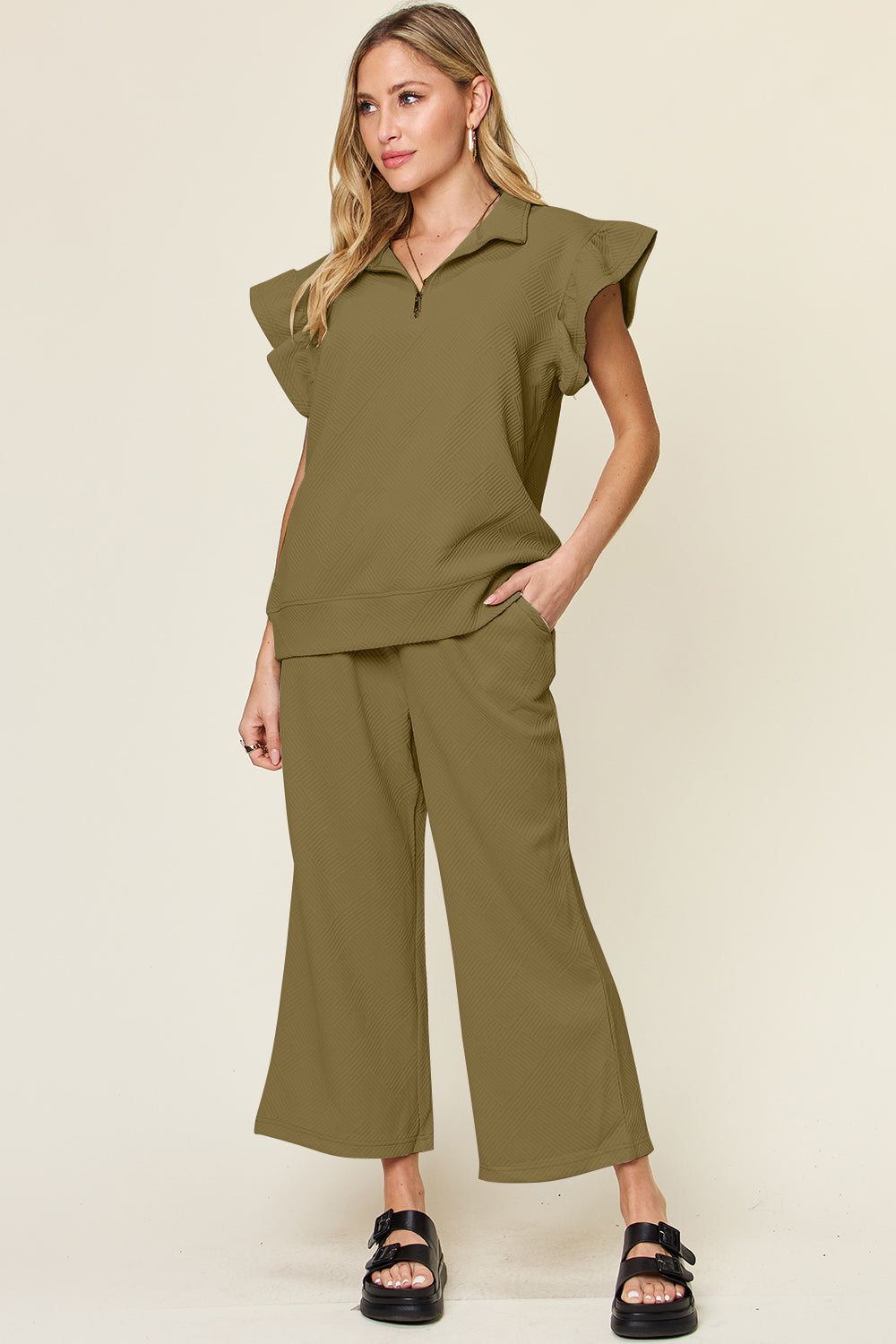 *Double Take* Texture Ruffle Short Sleeve Top and Drawstring Wide Leg Pants Set