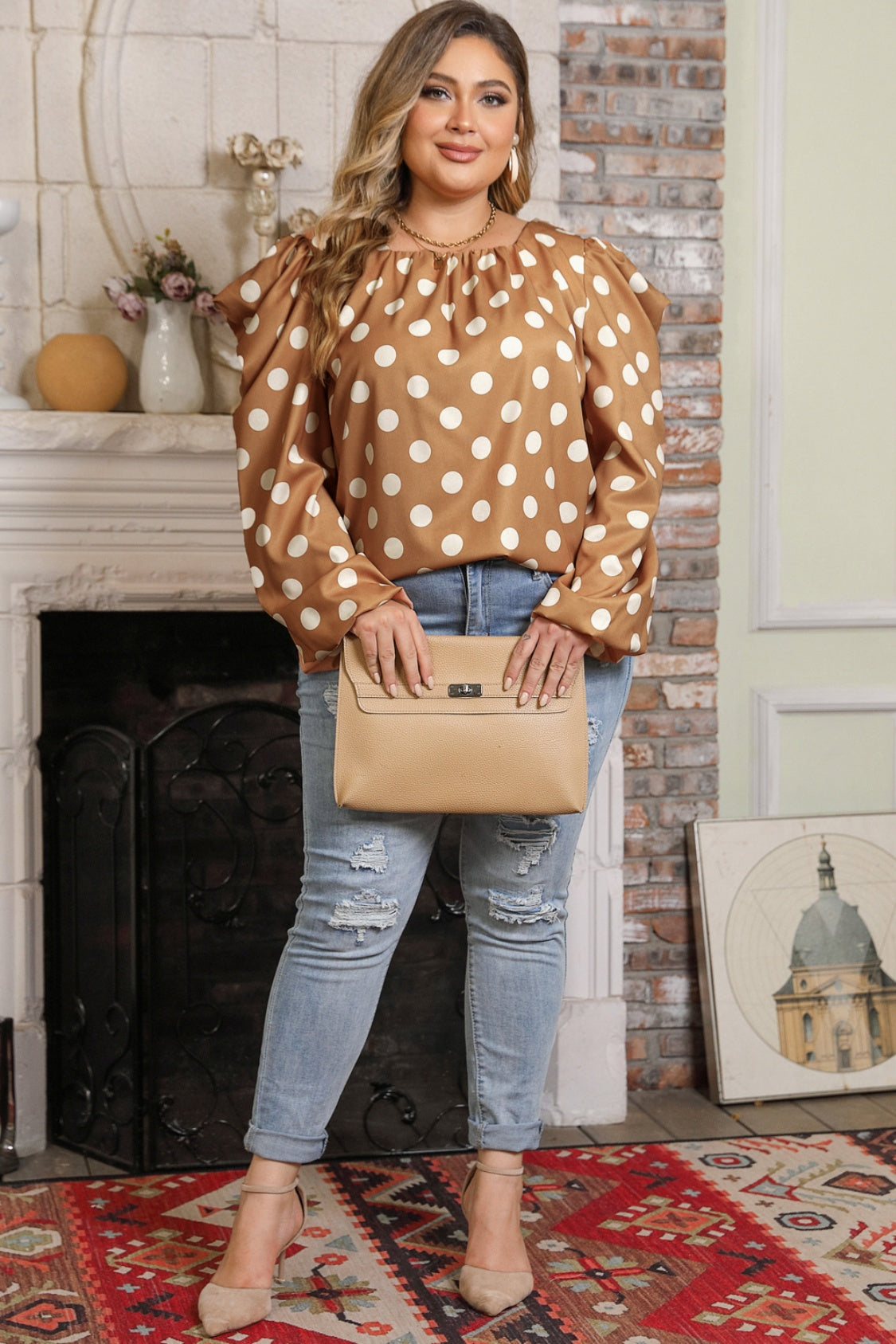 Plus Polka Dot Long Sleeve Blouse