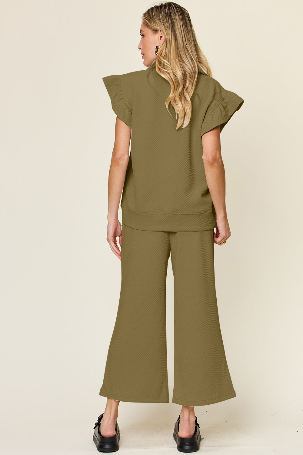 *Double Take* Texture Ruffle Short Sleeve Top and Drawstring Wide Leg Pants Set