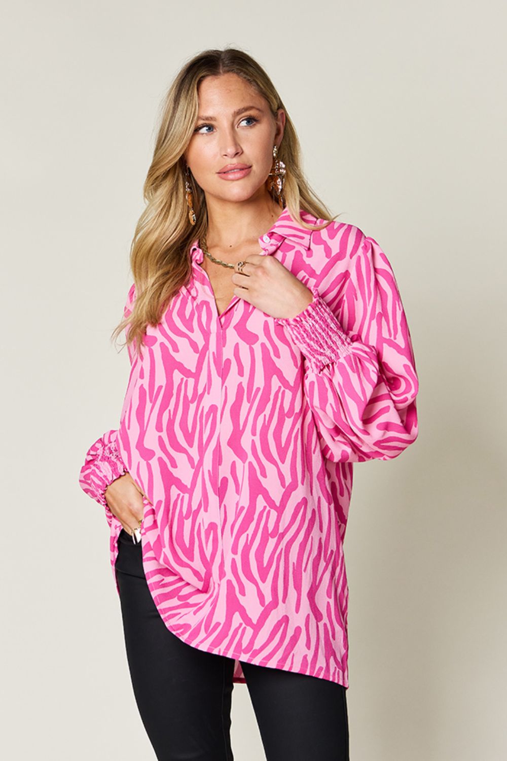 *Double Take* Printed Smocked Long Sleeve Blouse