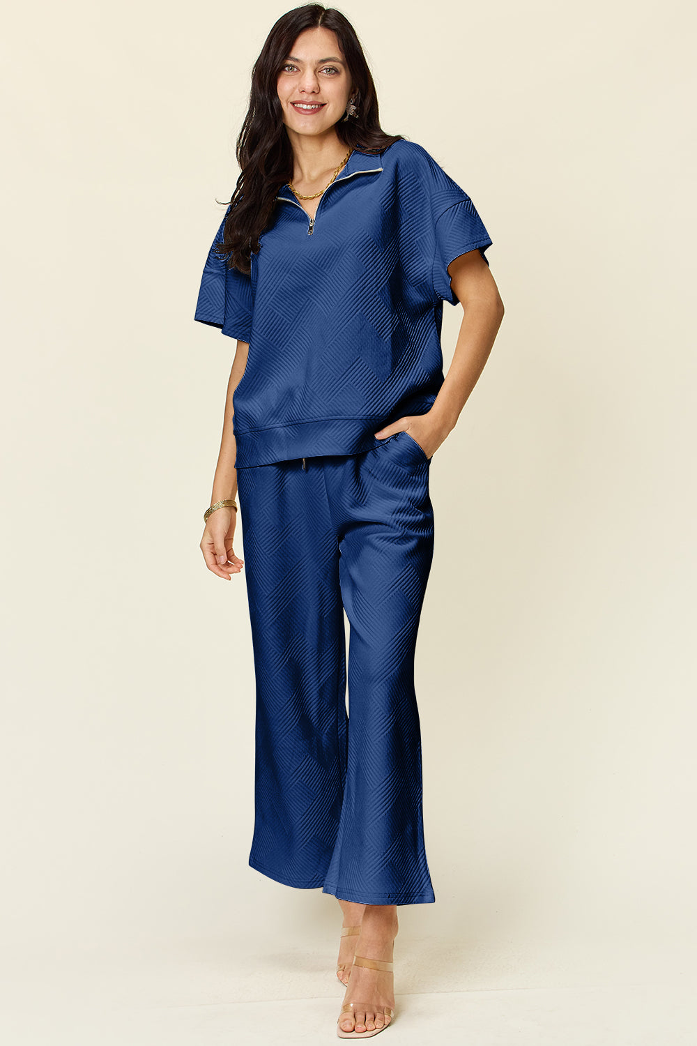 *Double Take* Texture Half Zip Short Sleeve Top and Pants Set