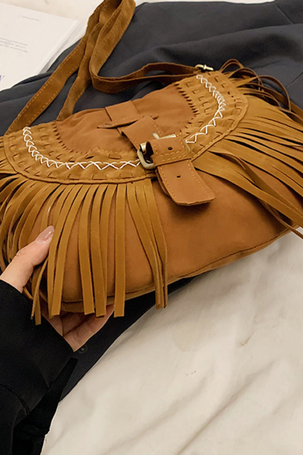 Suede Fringe Wide Strap Shoulder Bag