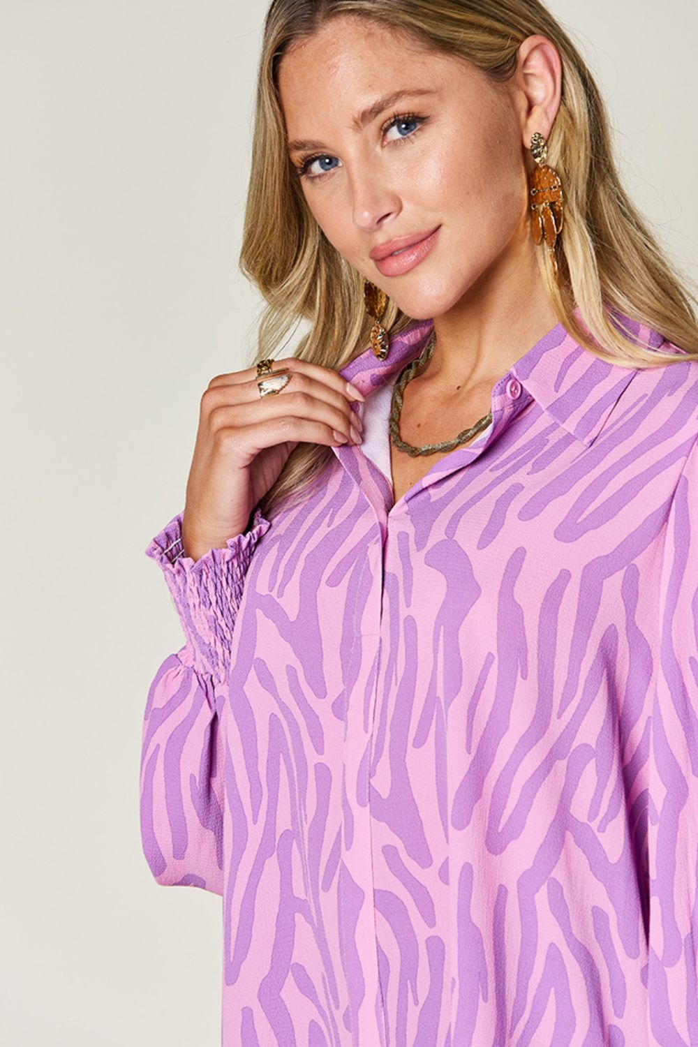 *Double Take* Printed Smocked Long Sleeve Blouse