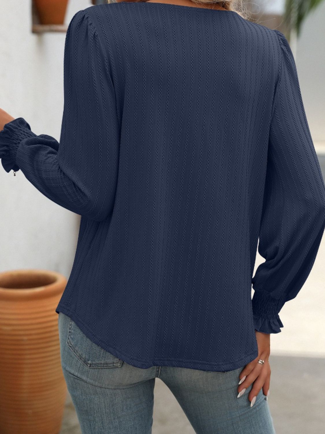 Square Neck Front Pleat Long Sleeve Top