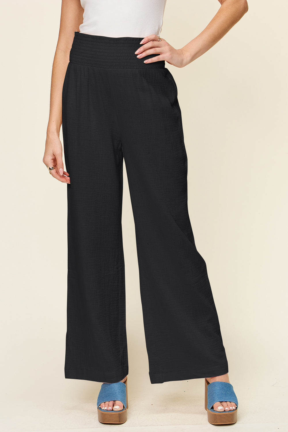 *Double Take* Texture Smocked Waist Wide Leg Pants