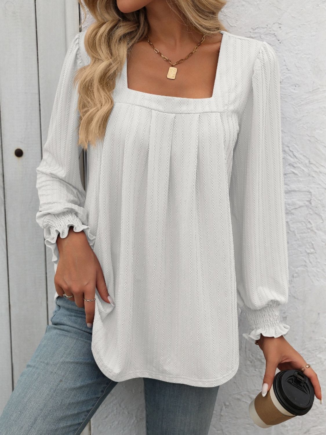 Square Neck Front Pleat Long Sleeve Top