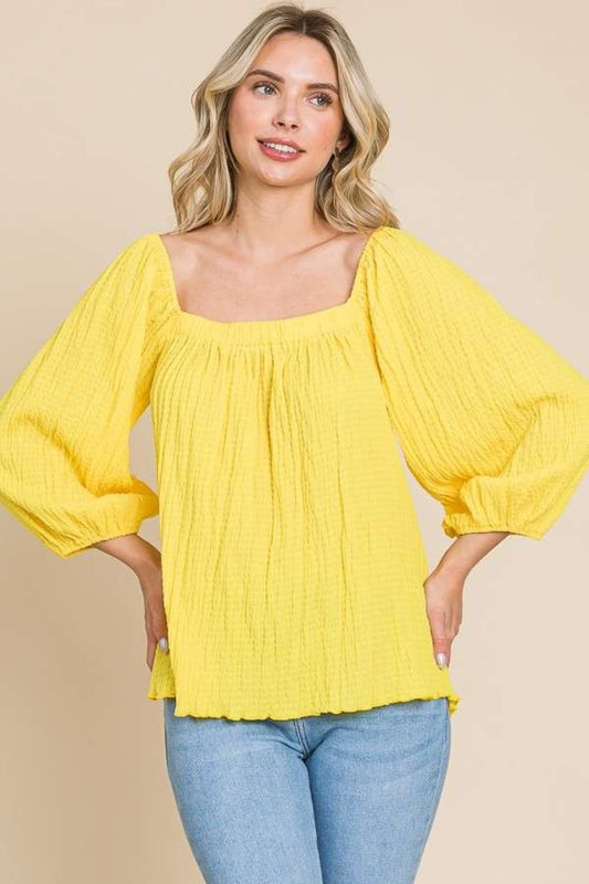 *Culture Code* Texture Square Neck Puff Sleeve Top