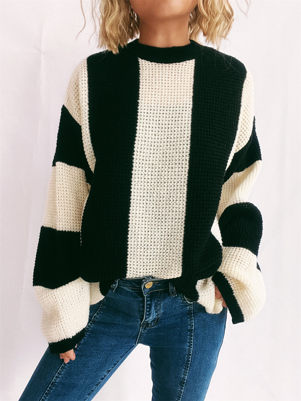 Color Block Round Neck Long Sleeve Sweater