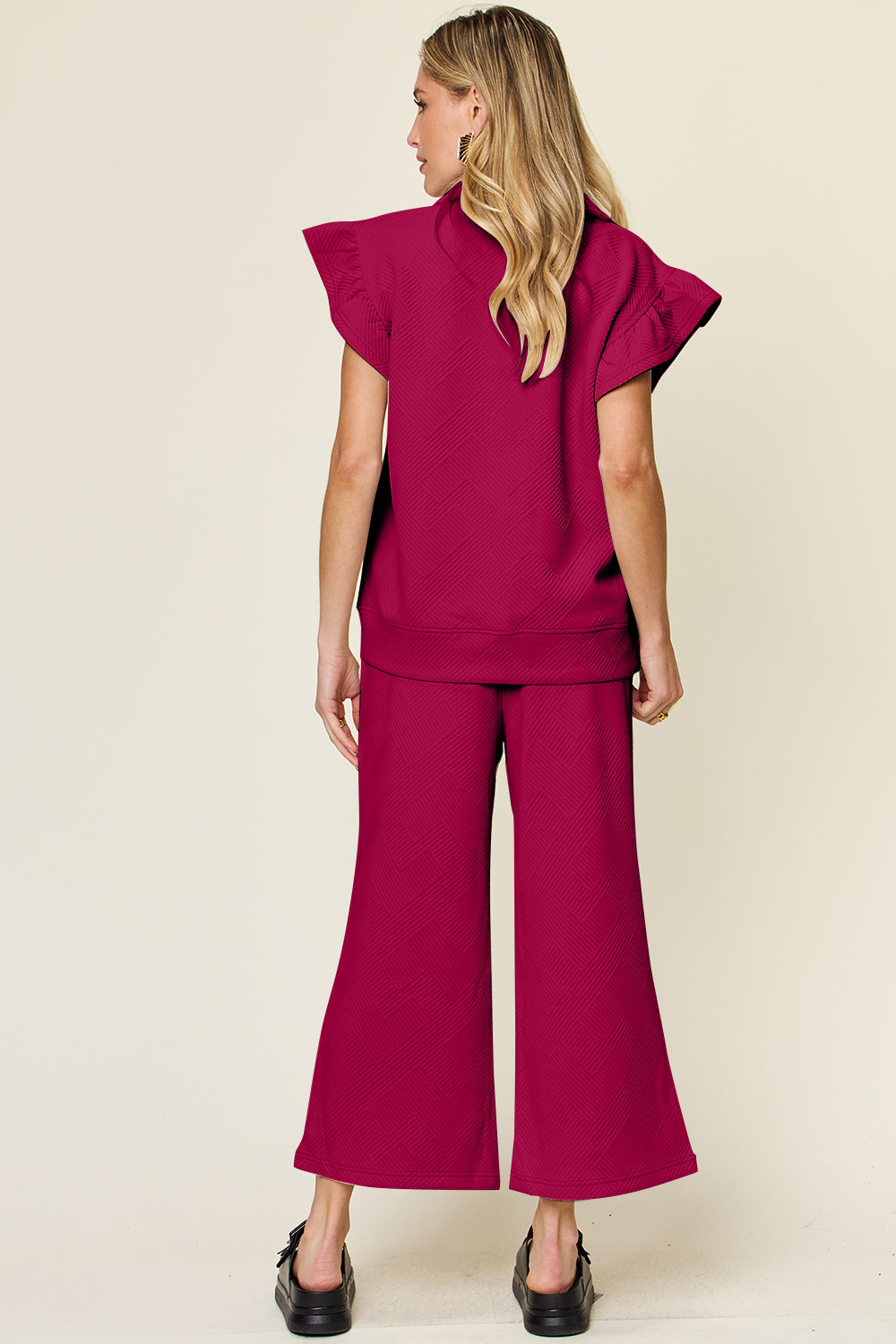 *Double Take* Texture Ruffle Short Sleeve Top and Drawstring Wide Leg Pants Set