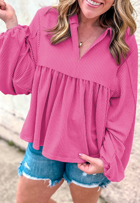 Texture Collared Neck Long Sleeve Blouse