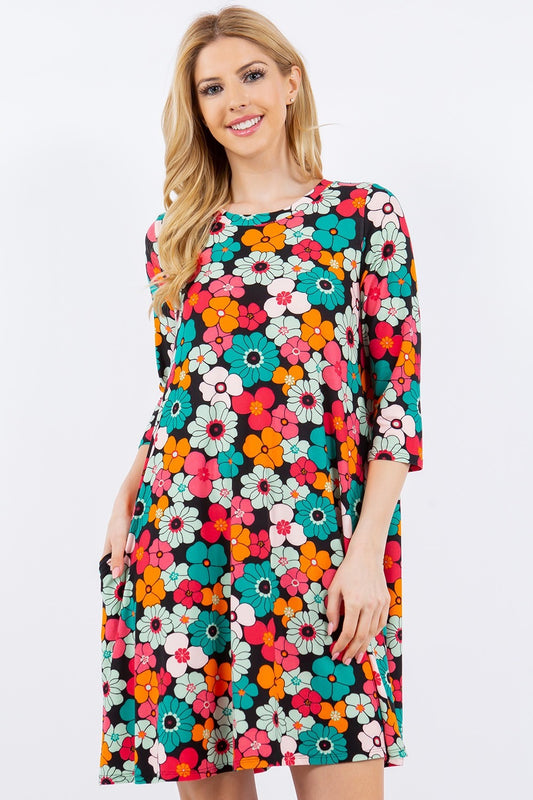 *Celeste* Floral Three-Quarter Sleeve Dress with Pockets