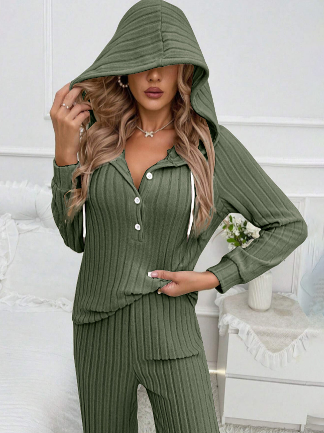 Drawstring Half Button Hooded Top and Ribbed Pants Set