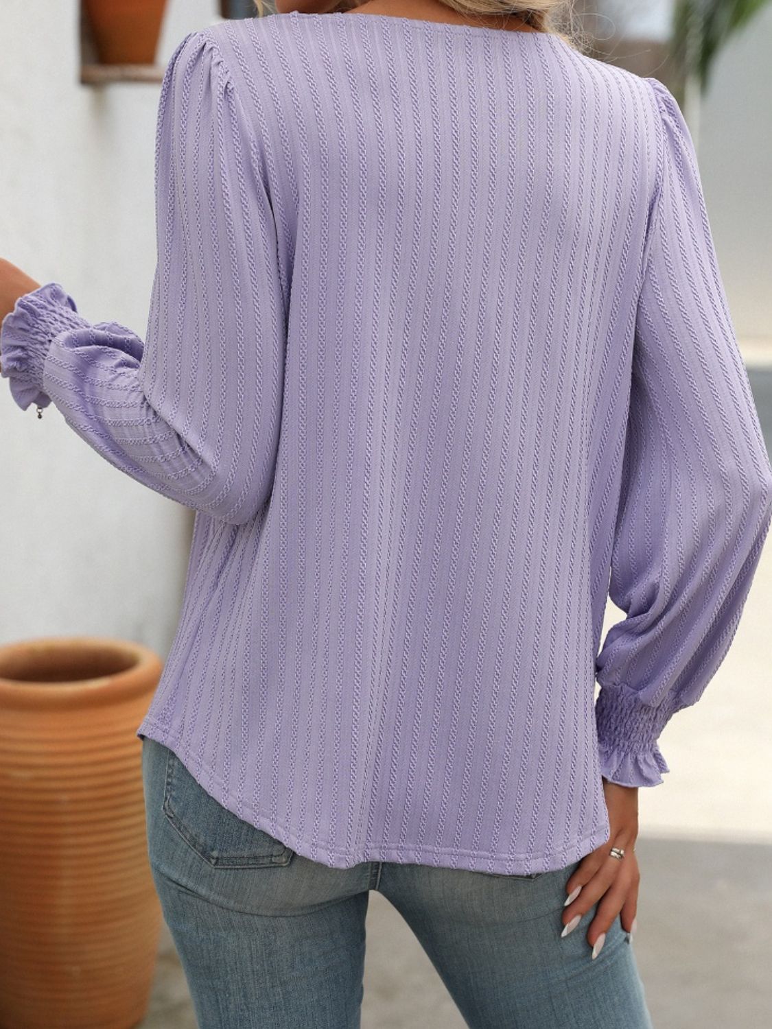 Square Neck Front Pleat Long Sleeve Top