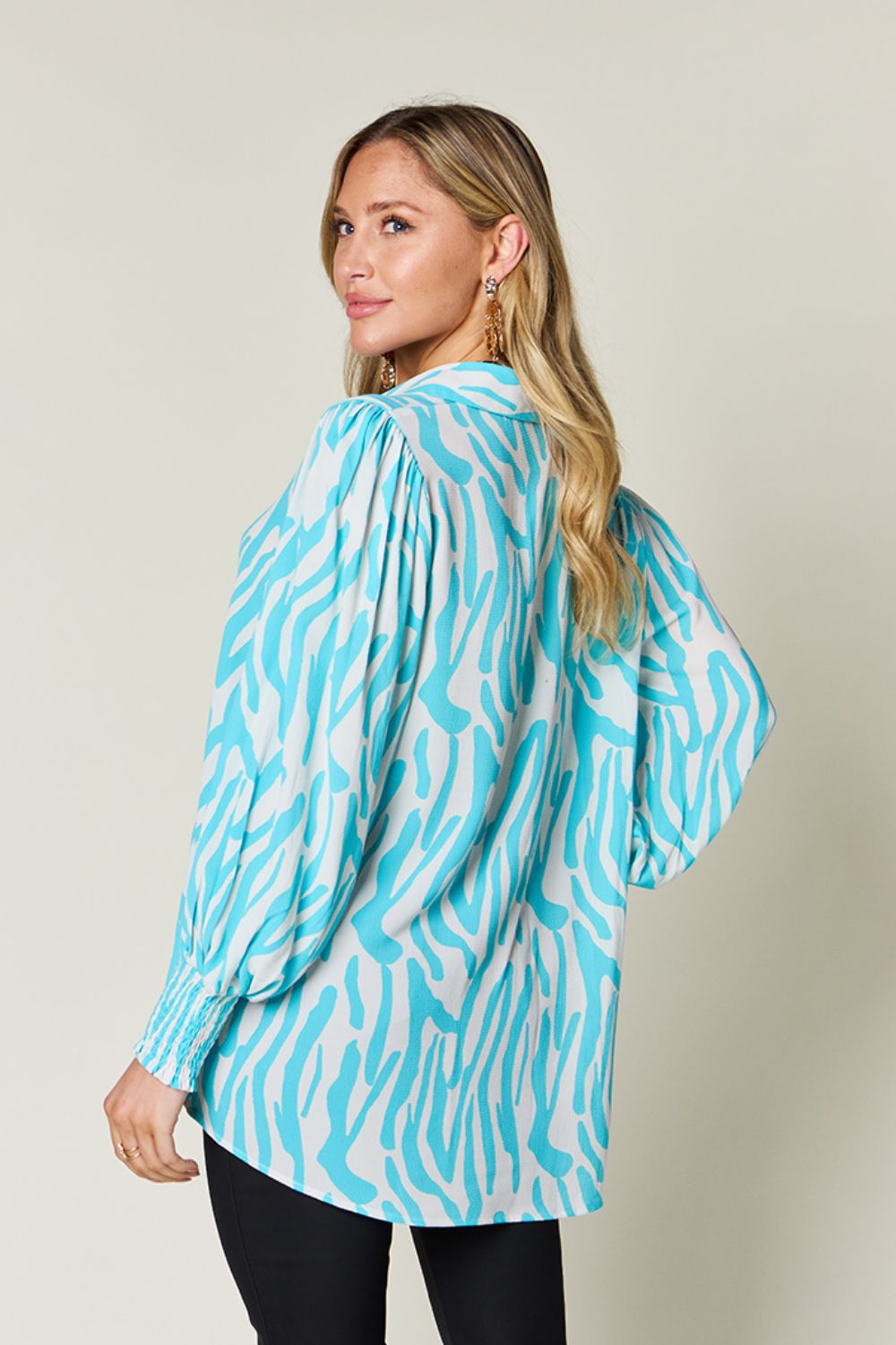 *Double Take* Printed Smocked Long Sleeve Blouse