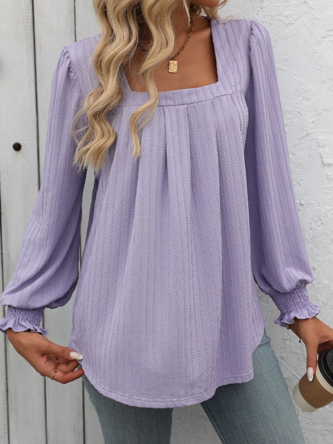 Square Neck Front Pleat Long Sleeve Top