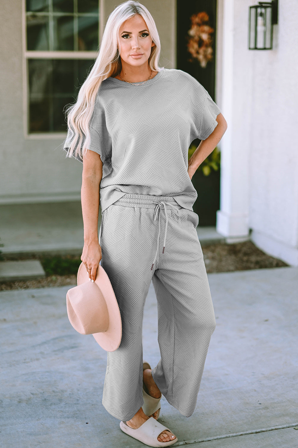 *Double Take* Texture Short Sleeve Top and Pants Set