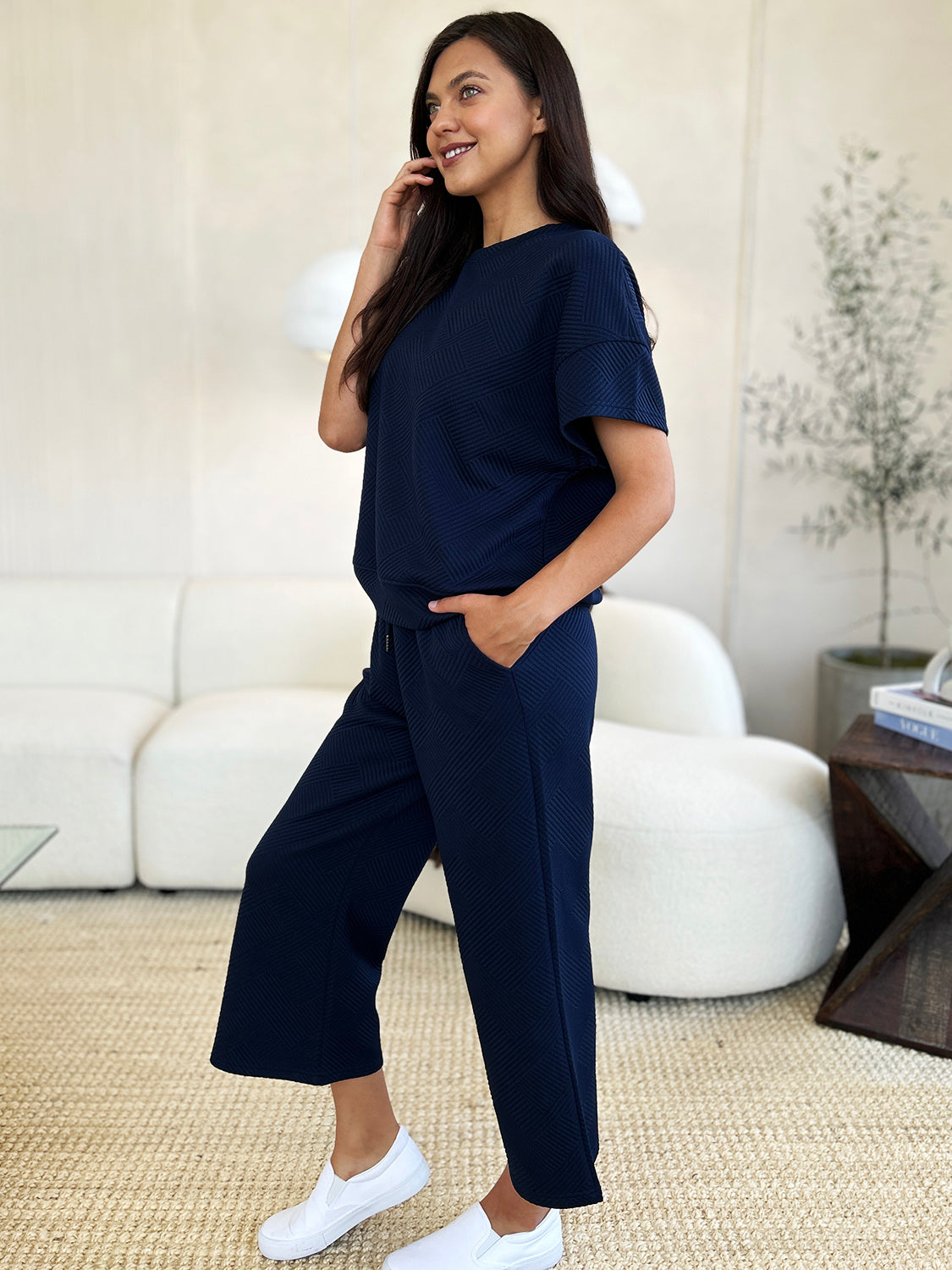 *Double Take* Texture Short Sleeve Top and Pants Set