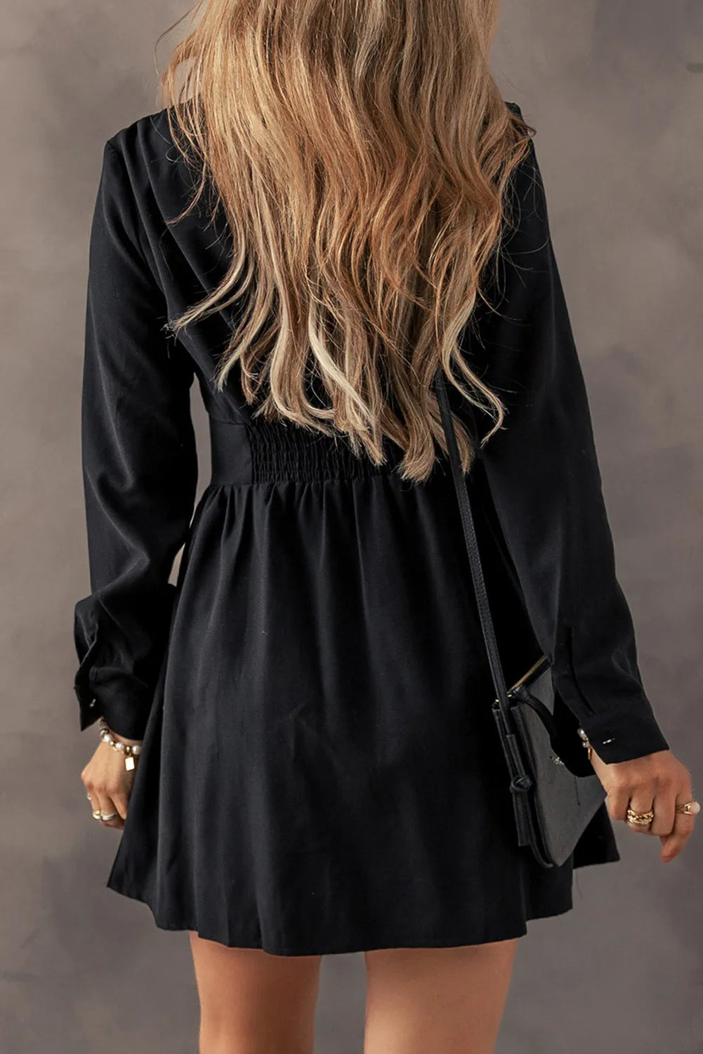 Ruched Button Up Long Sleeve Dress