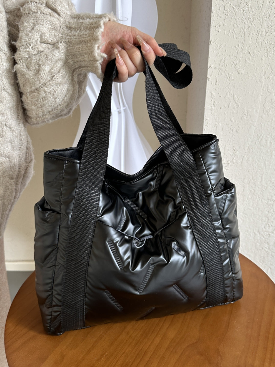 Solid Color Tote Bag with Side Pockets