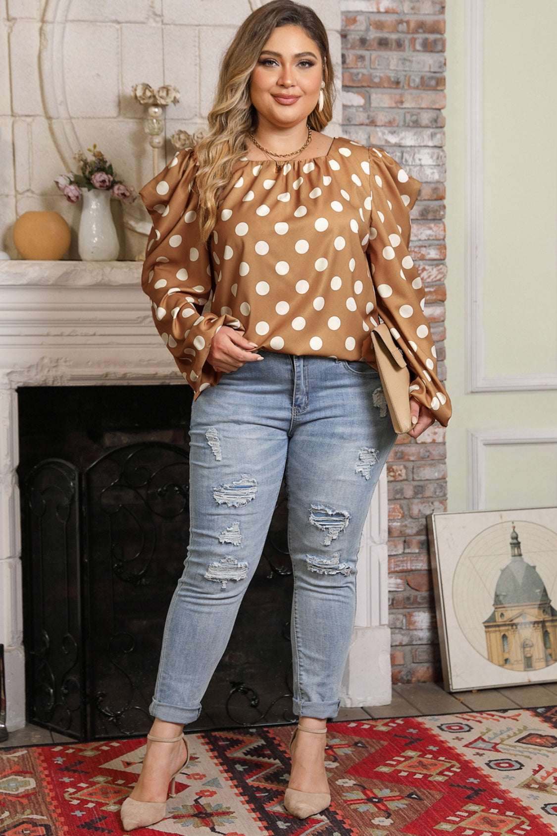 Plus Polka Dot Long Sleeve Blouse