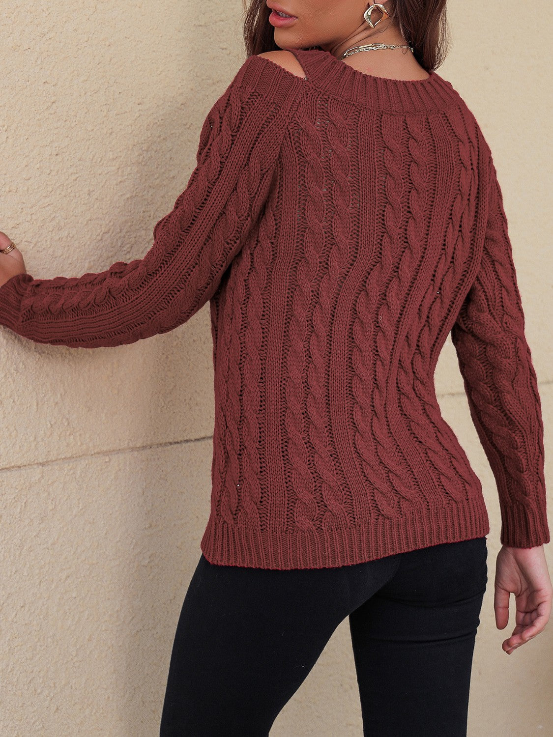 Honey Cable-Knit V-Neck Cold Shoulder Sweater