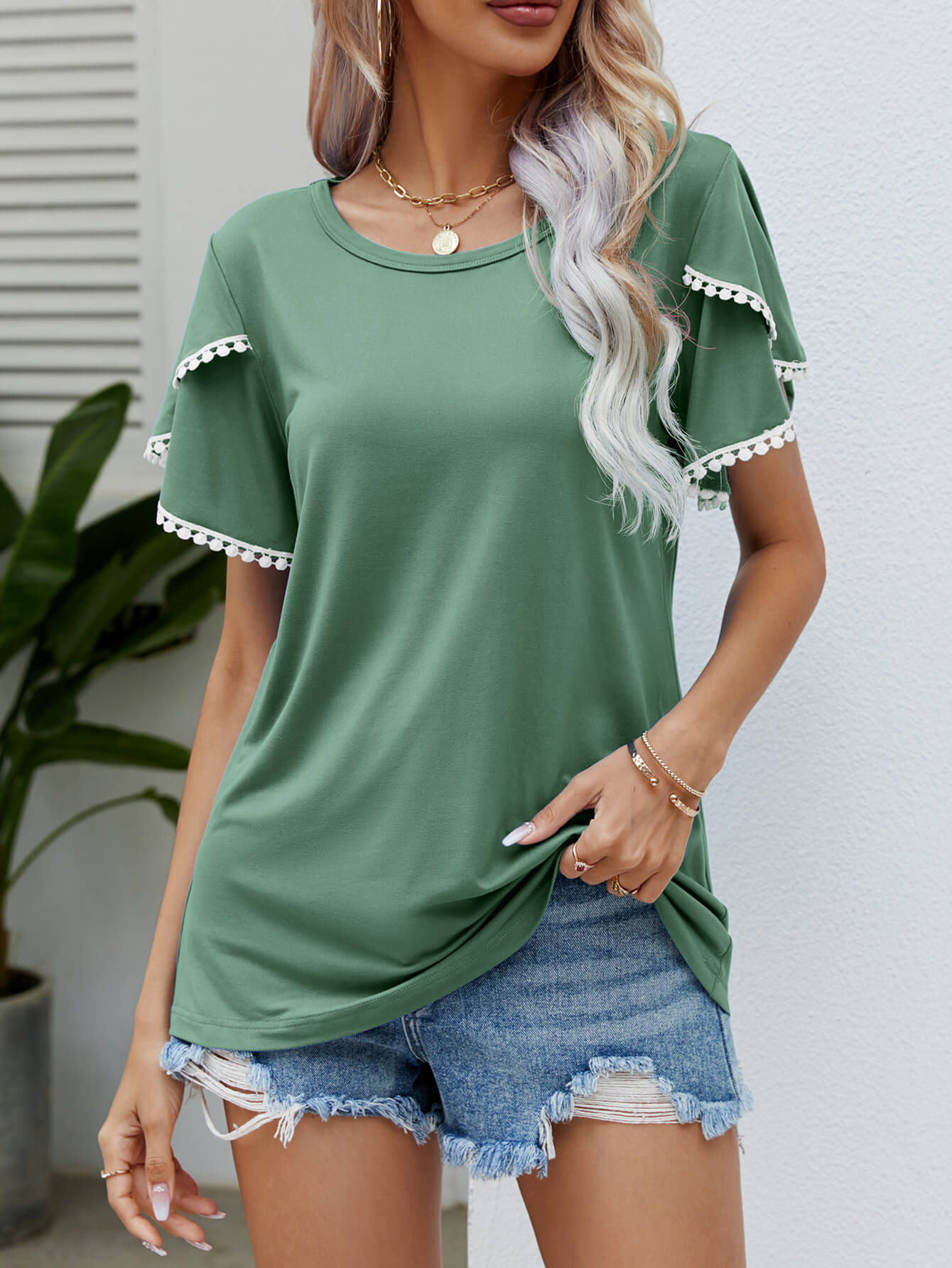 Pom-Pom Trim Flutter Sleeve Tee