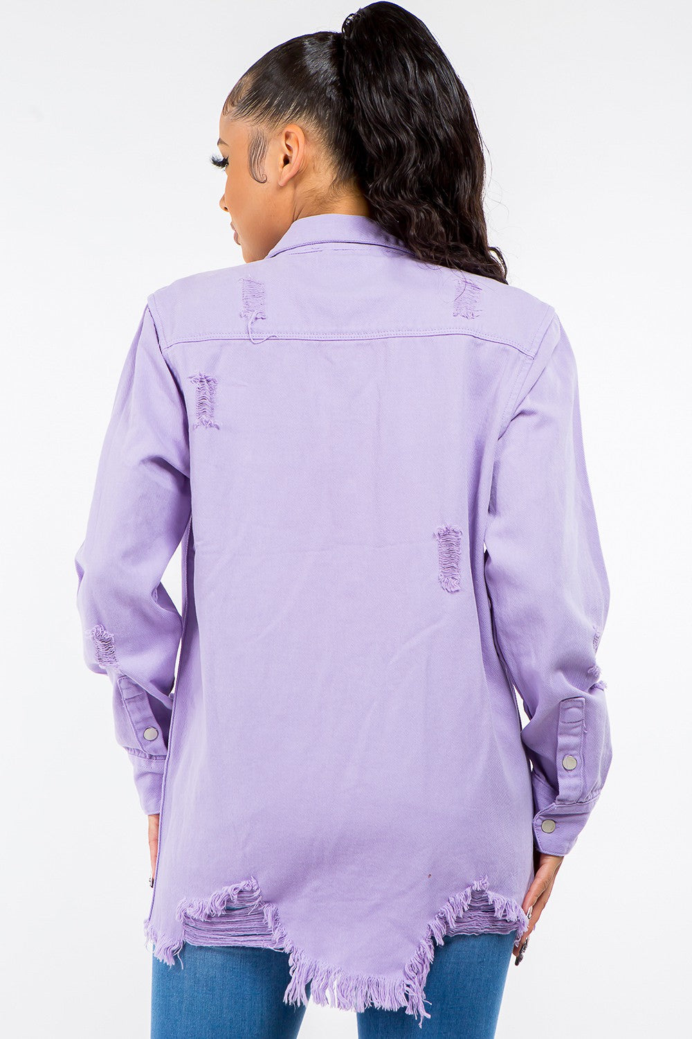 *American Bazi* Frayed Hem Distressed Denim Jacket in Lavender