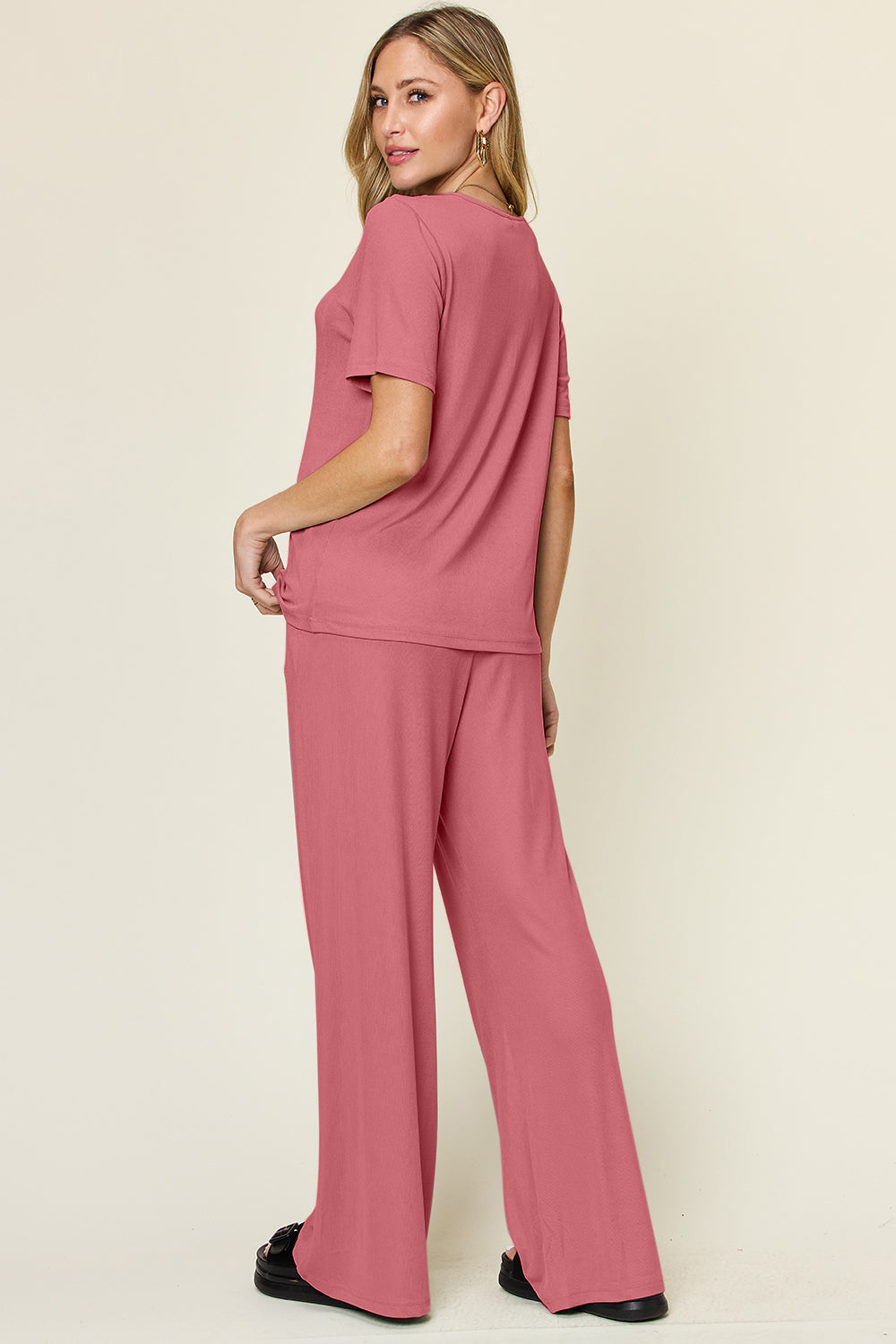 *Double Take* Round Neck Short Sleeve T-Shirt and Wide Leg Pants Set