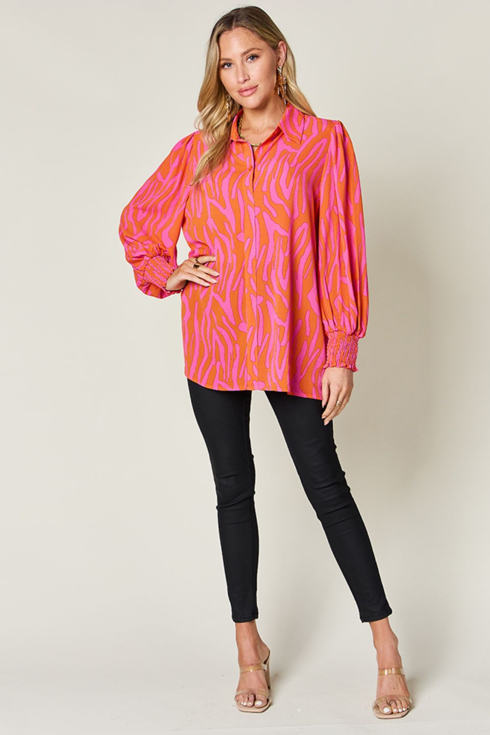 *Double Take* Printed Smocked Long Sleeve Blouse