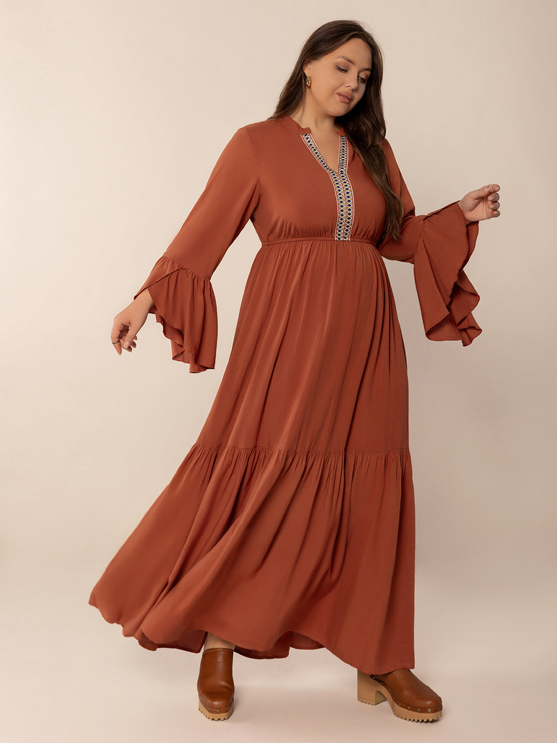 Plus Size Ruffled Notched Long Sleeve Midi Dress