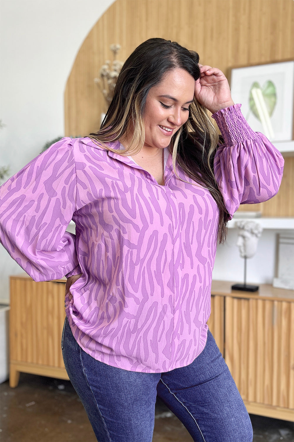 *Double Take* Printed Smocked Long Sleeve Blouse