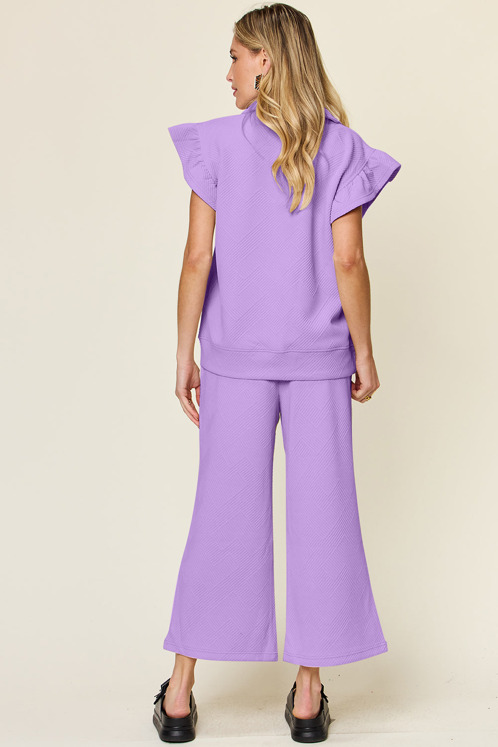 *Double Take* Texture Ruffle Short Sleeve Top and Drawstring Wide Leg Pants Set