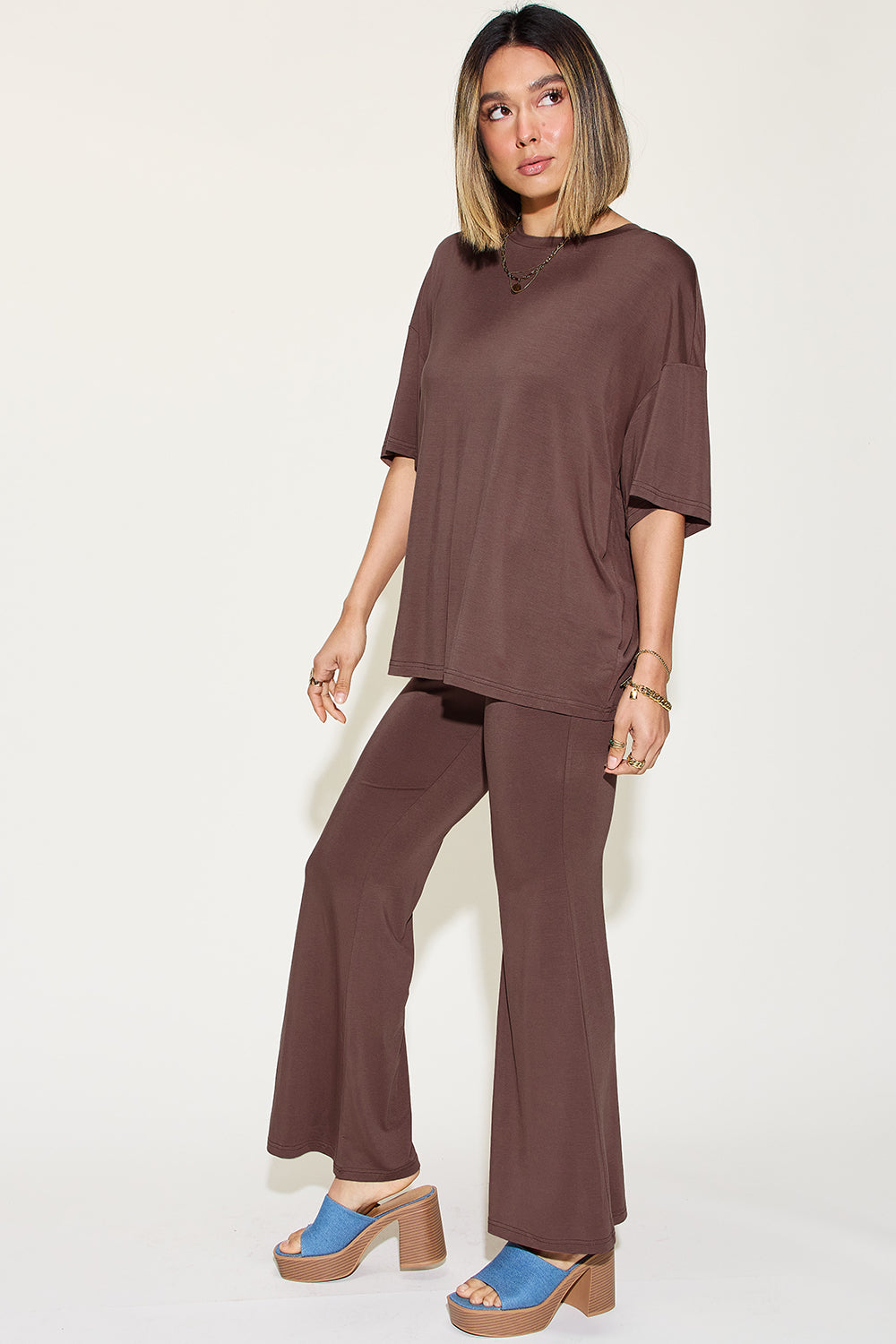 *Basic Bae* Bamboo Drop Shoulder T-Shirt and Flare Pants Set